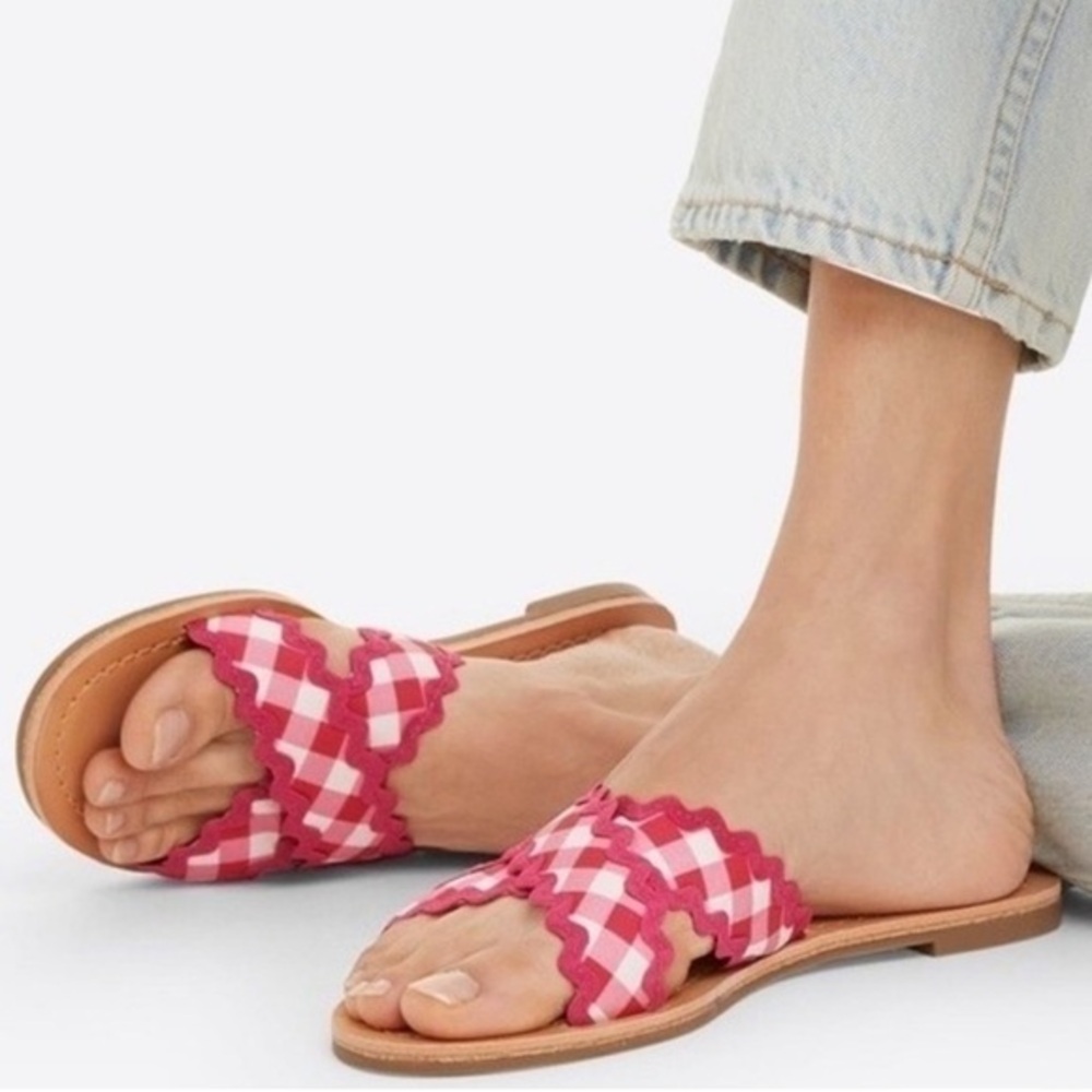 🆕Draper James Piper Flat Sandals Slides Raspberry Pink Gingham Ric Rac CLASSIC